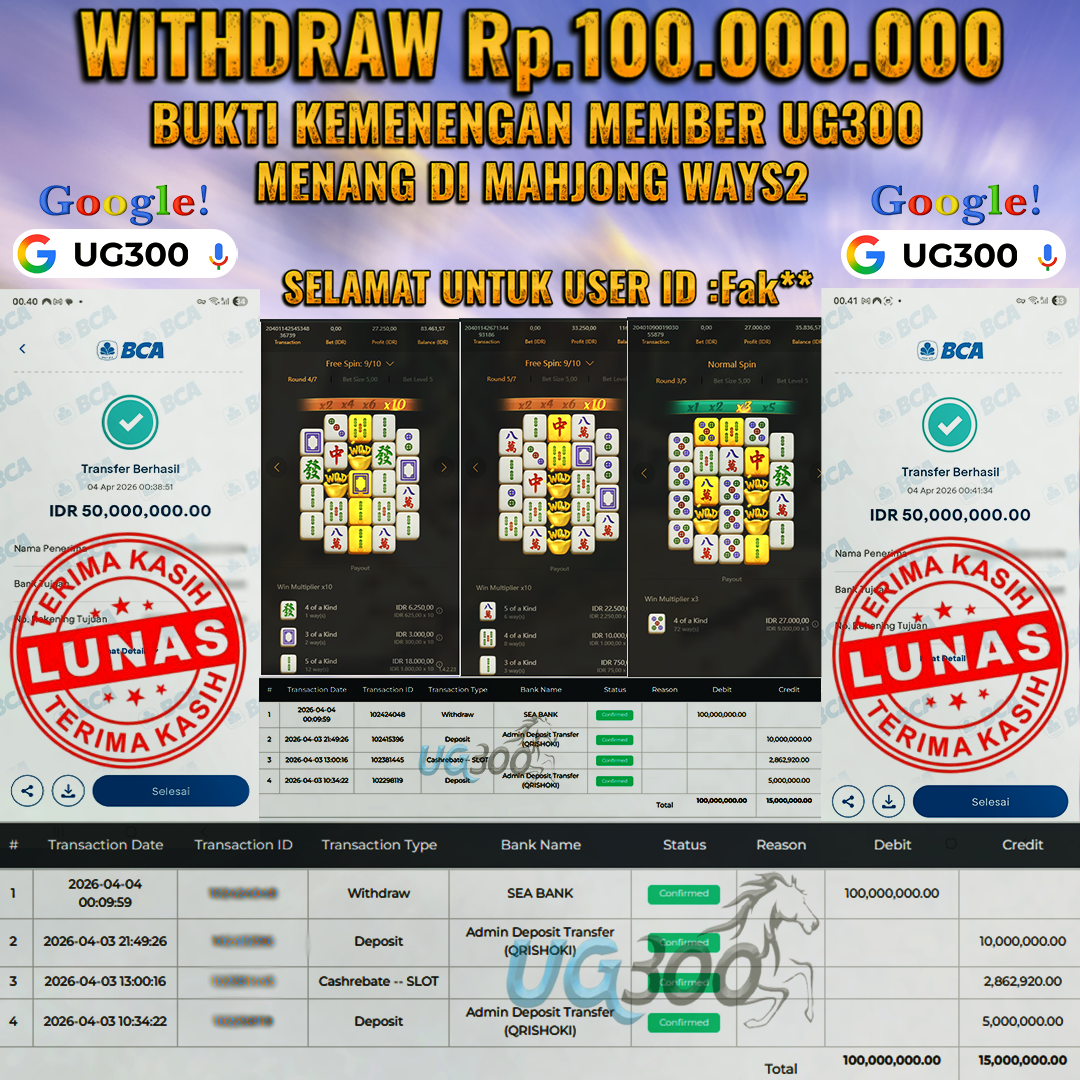 UG300 BERMAIN MAHJONG WAYS 2 DAPAT JACKPOT WD Rp.100,000,000- DI BAYAR TUNTAS